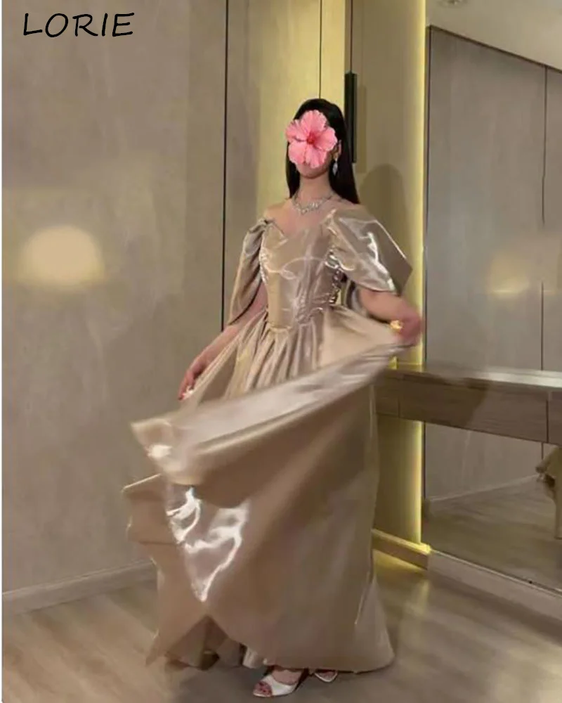 LORIE Glänzende Satin-Abendkleider in Champagner, schulterfrei, A-Linie, Falten, glitzerndes Ballkleid, gerüschte Partykleider, Cocktailkleider, individuell gestaltet