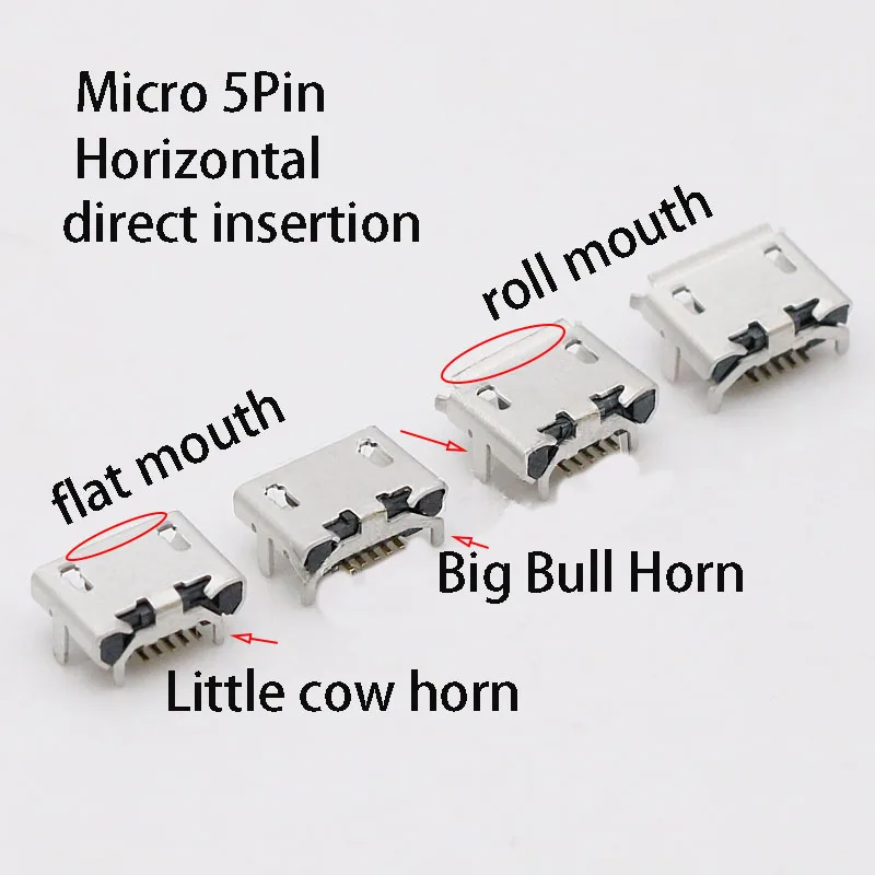 5pcs Micro USB Connector 5pin Jack Female Socket 7.2mm Ox horn Flat Roll Type B Mobile Phone Tail Charging tail port Connector