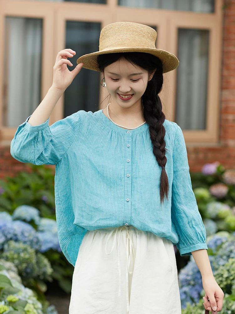 

Y764 ward Look Summer New 72 Color Woven Linen Stripe round Ne Proper oulder Small irt Blouse Breathable Regular S...