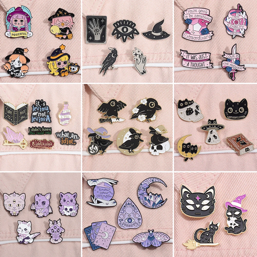 Magic Witch Enamel Brooch Creative Magic Book Butterfly Potion Broom Bat Cat Metal Badge Punk Dark Lapel Pins Jewelry Gifts