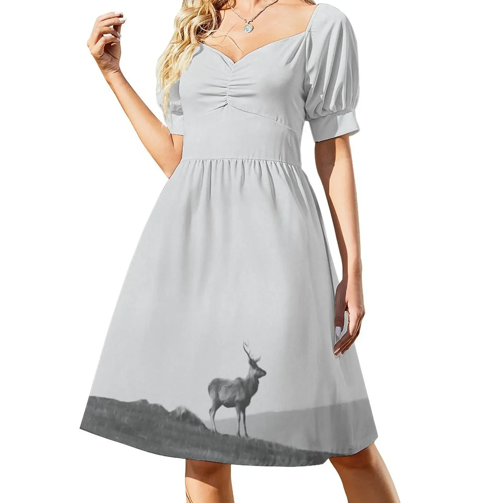 Deer Animal Wildlife Peak Mountain Landscape Short-Sleeved Dress woman dress ceremony dresses dresses korean style
