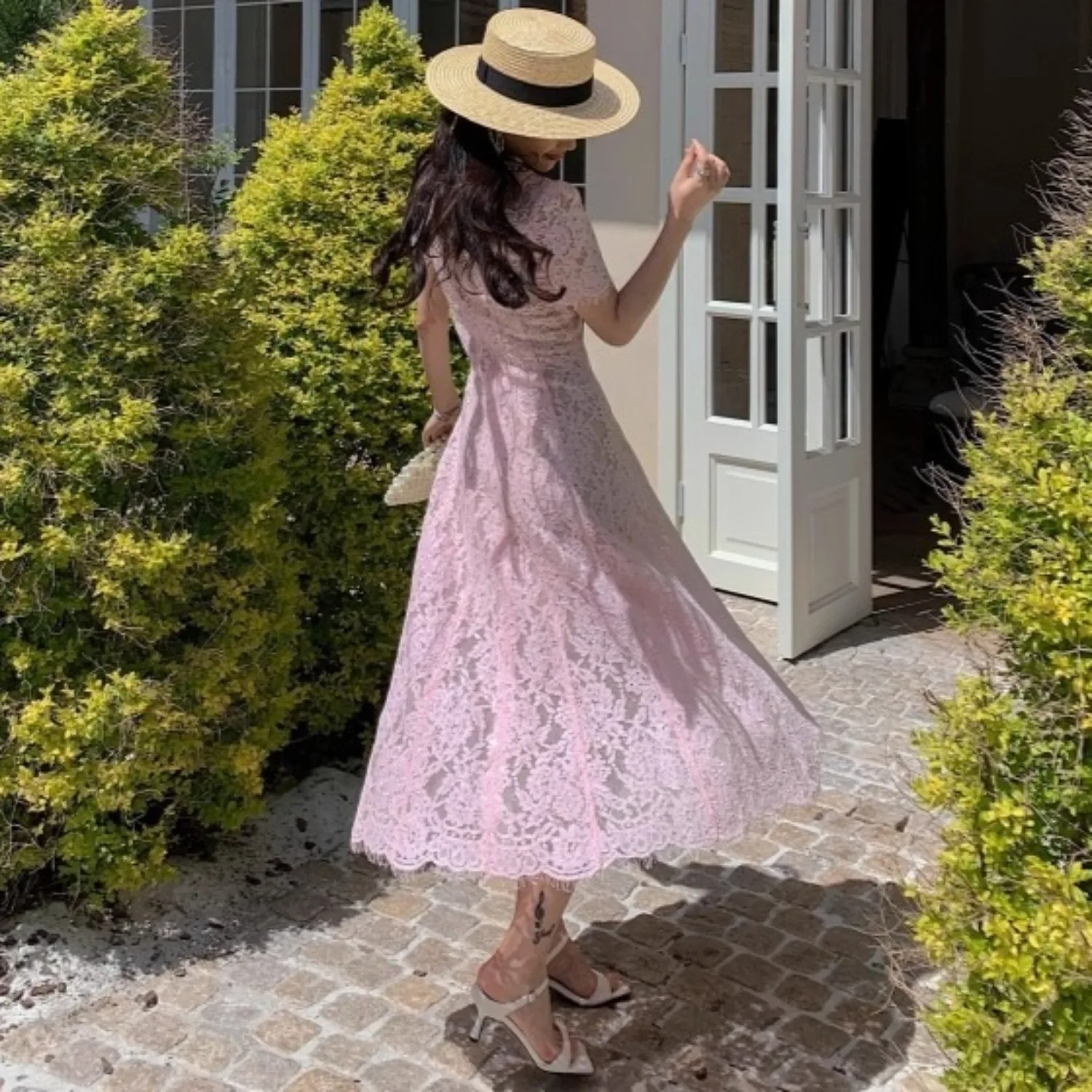 Roze kant kralen pareljurk vrouwen elegante korte mouw patchwork kleding dame streetwear runway ontwerp vestidos bodycon