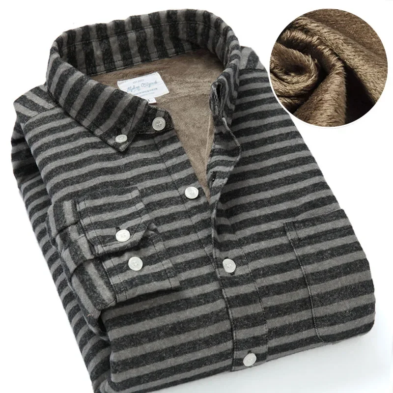 

Sanding Cotton Striped Winter Warm Thick Shirt Long Sleeves Casual Pure Cotton Oxford Fleece Shirt Top Quality