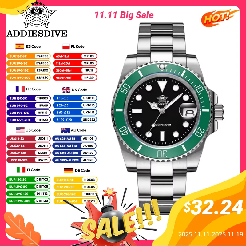 Addiesdive رجل ساعة عالية الجودة السيراميك الحافة الأعمال الترفيه 41 مللي متر ساعات كوارتز BGW9 مضيئة 200 متر مقاوم للماء غواص ساعة