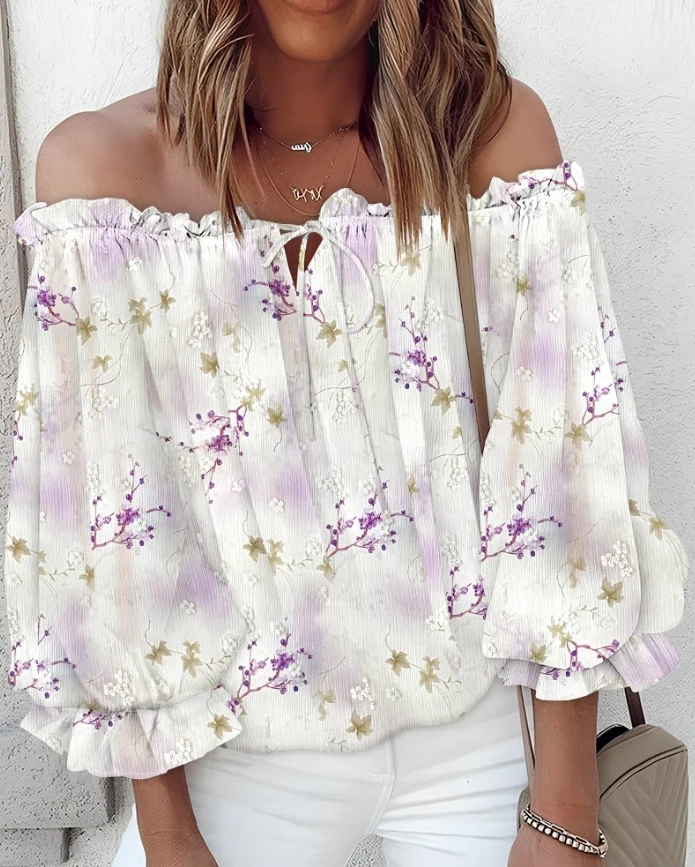 

Women's Blouse Printed Off Shoulder Lantern Sleeve Lace Up Detail Shirt for Spring/summer 2025 New Fashionable Casual Top