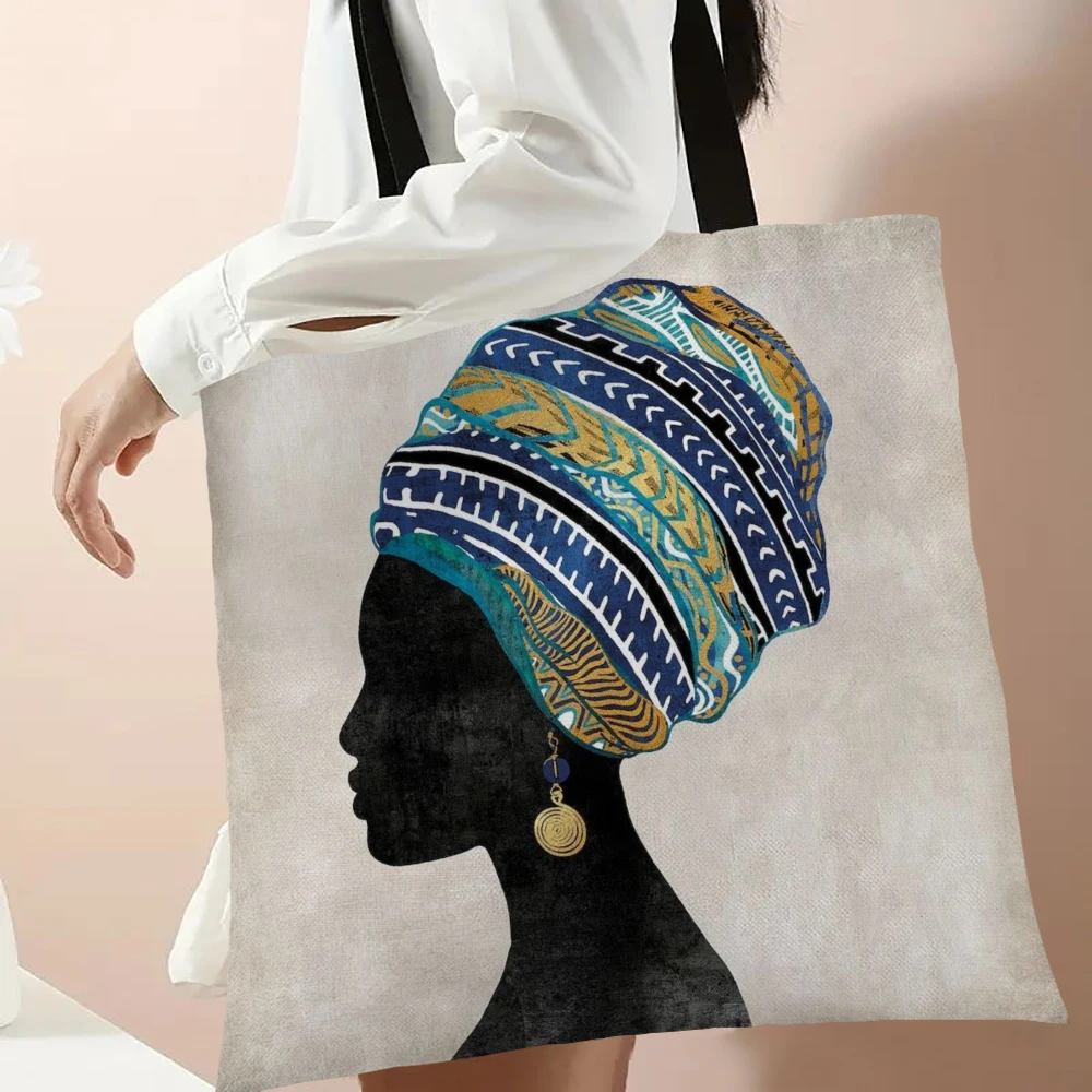 African Woman Tote Bag Reusable Shoulder Shopping Beach Bag For Women, Durable Casual Carryall