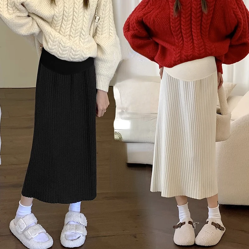 Autumn and Winter New Pregnant Women's Skirts Solid Color Casual Knitted One Step Skirt Adjustable Waist Maternity Empired Skirt