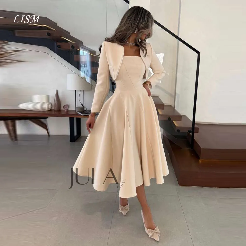 

LISM Vintage Champagne Formal Evening Dresses With Jacket Long Sleeves Strapless Soft Satin Tea Length Prom Gowns Formal Event