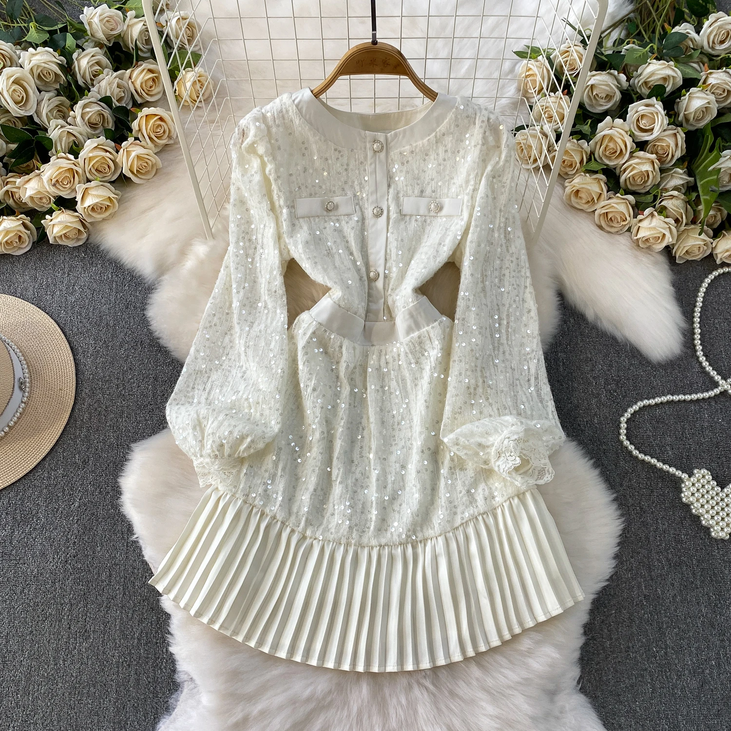 

Шикарная винтажная одежда с длинными рукавами и блестками, свободная элегантная сказочная корейская модная осенняя женская одежда