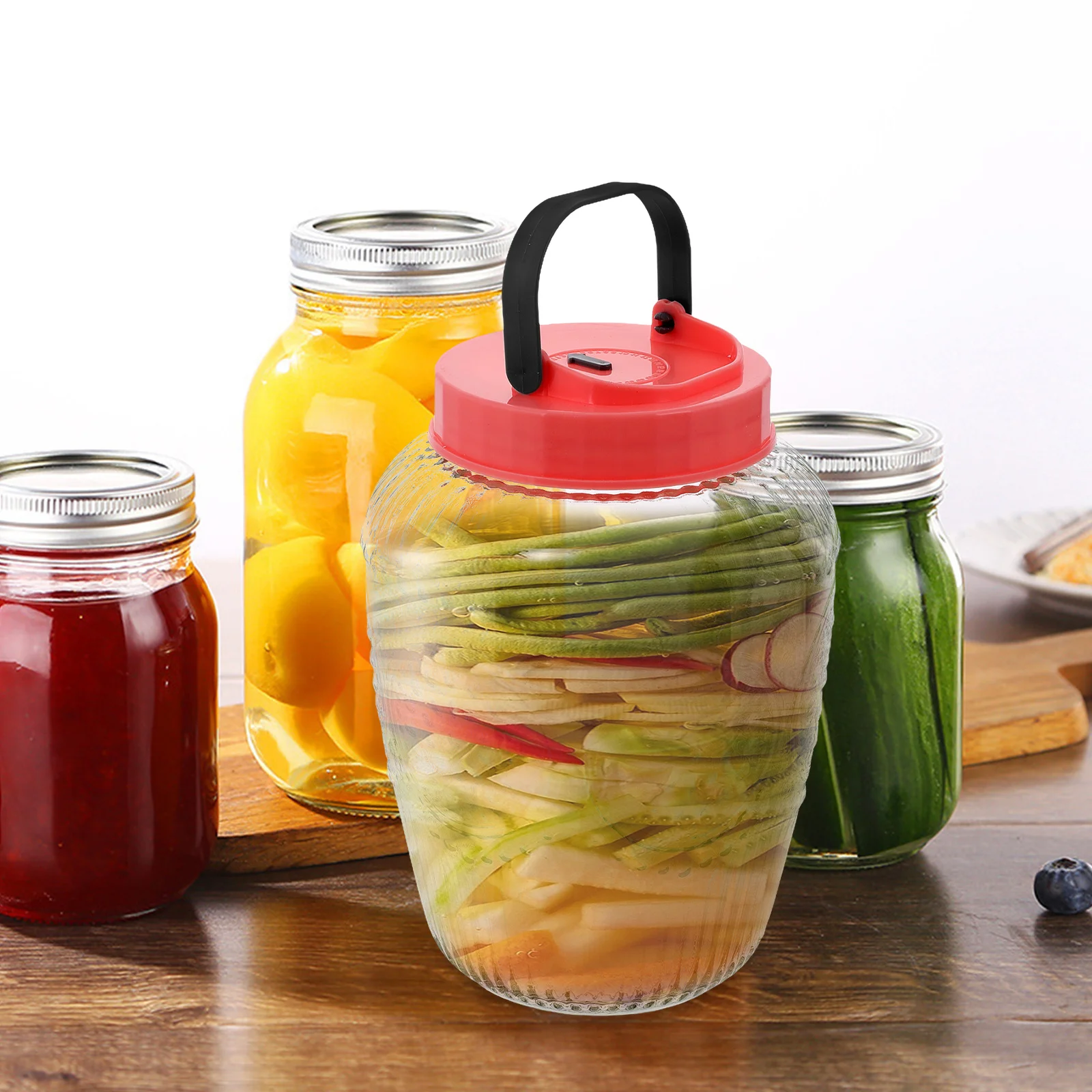 

Large Mouth Airtight Glass Jar Pickle Holder Pantry Storage Container with Handle Freezer Safe Glass Jar with Lid