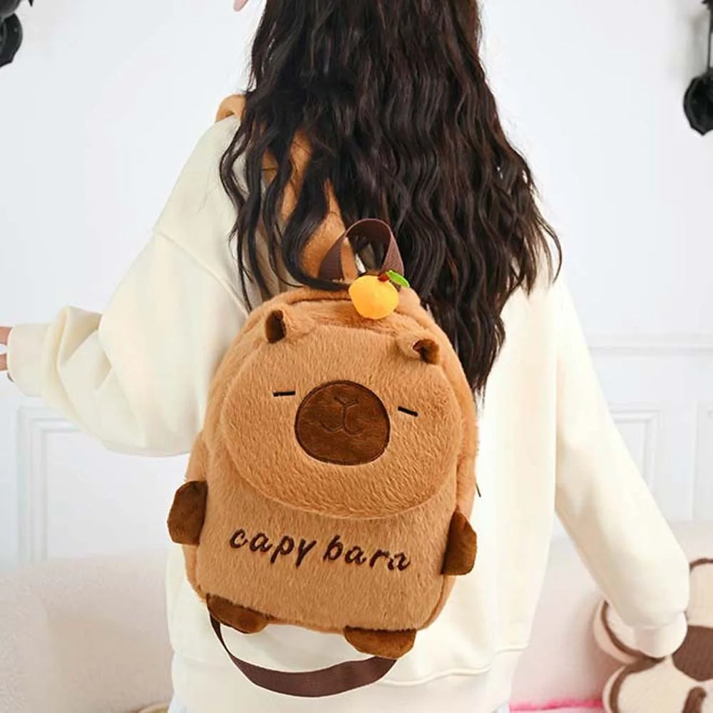 Sac à dos Capybara épais en coton PP brodé, sac de jour avec animaux de dessin animé, fourrure marron, sac d'école de grande capacité, cadeaux