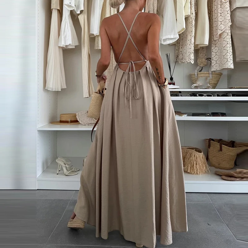 Strandurlaub, hohe Taille, plissierte Kleider, sexy, ärmellose Spitze, aushöhlen, Neckholder-Kleid, elegante, einfarbige, schlanke Abendkleider
