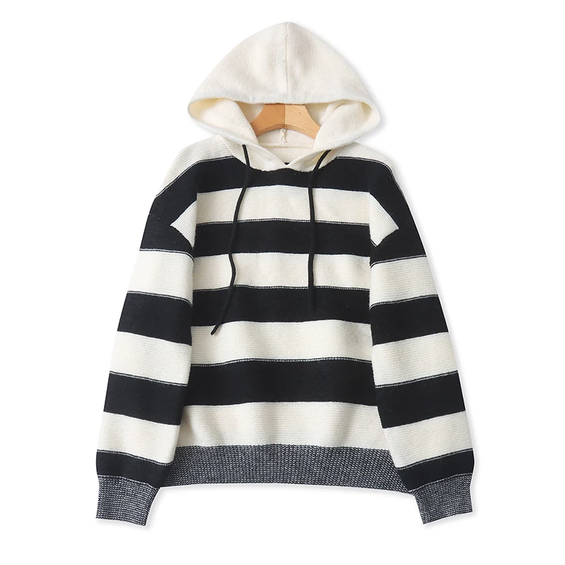 Thiened Maglione lavorato a maglia a righe con cappuccio in lana Faionable Autunno Inverno Donna Lungo Sve Cappello a cilindro caldo Design 02072