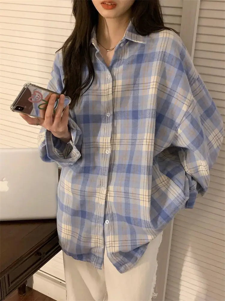 Zoki Korean Oversize Plaid Shirt Women Fashion Long Sleeve All Match Blouse Spring Preppy Style Turn Down Collar Casual Y2K Top