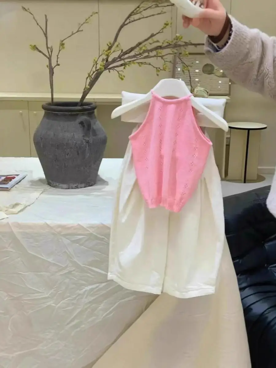 

Girls Ice Silk Polka Dot Vest Strap Set Summer Thin Korean Sle Baby Faion Wide Leg Pants Two Piece Set without Brand