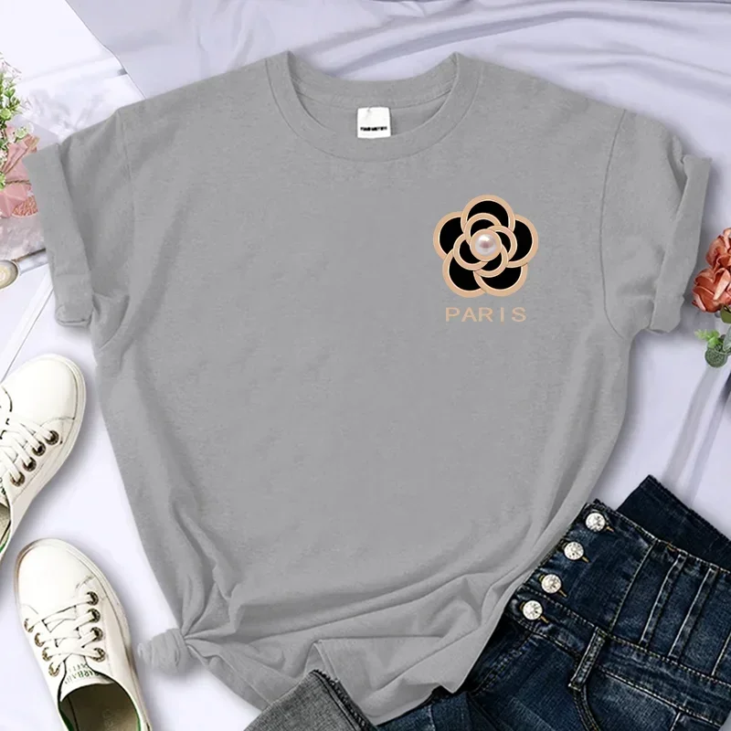

Printing T-shirt Casual Personality Sleeve O-neck Luxury Brand Flower for Women's High-Quality Summer