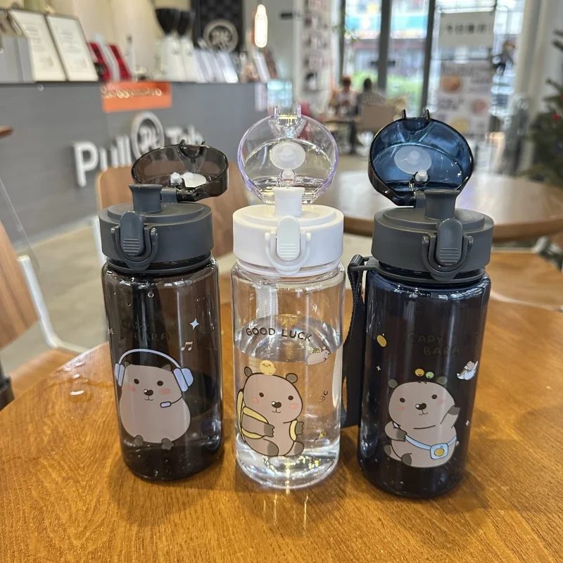Capybara transparent Cup Cute Cartoon Water Bottle with Carry Strap Leakproof Portable student Outdoor Drinking Cup Sports Bottl