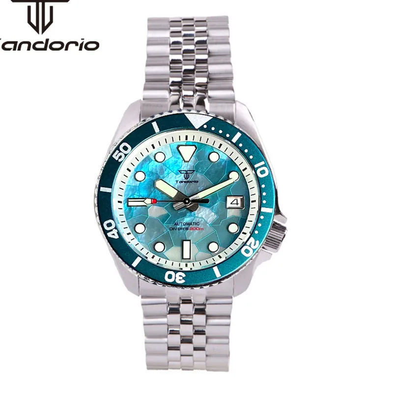 Tandorio Fashion NH35A 41mm 200m Dive Men\'s Automatic Watch Mother of Pearl Dial Sapphire Glass Luminous Date Rotating Bezel