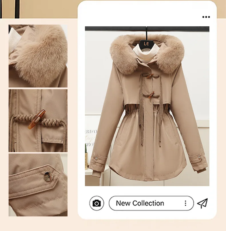سترة شتوية 2025 سترة نسائية جديدة ملابس معطف طويل بطانة من الصوف سترة بقلنسوة وياقة من الفرو ملابس ثلج سميكة ودافئة سترة عصرية