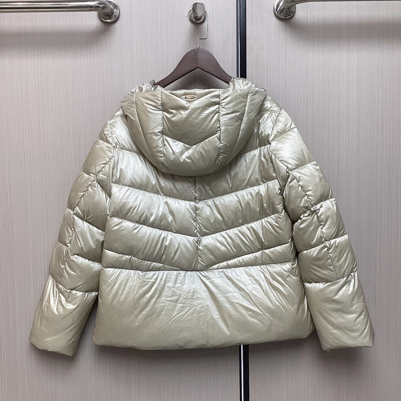 European Style Women Glossy Short Puffer Coat Hood Drawstring Zipper Sleeve Warm Light Padded Winter Jacket For Daily Outdoor