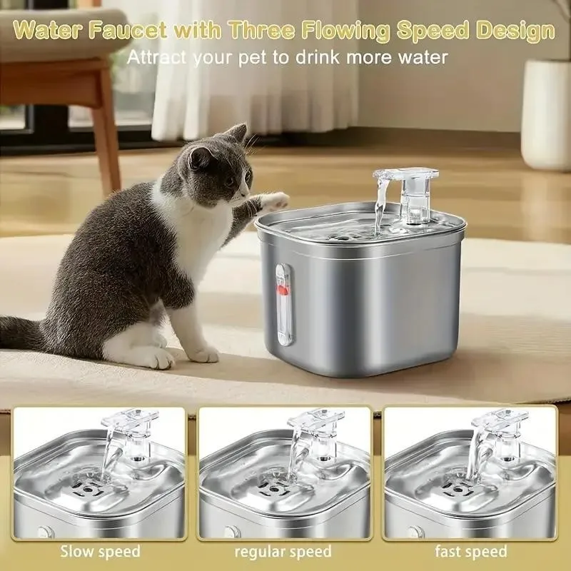 Stainless Steel Automatic Cat Fountain With Filter Visual Water Level 3 Filters And Quiet Pump For Multiple Pets Water Dispenser