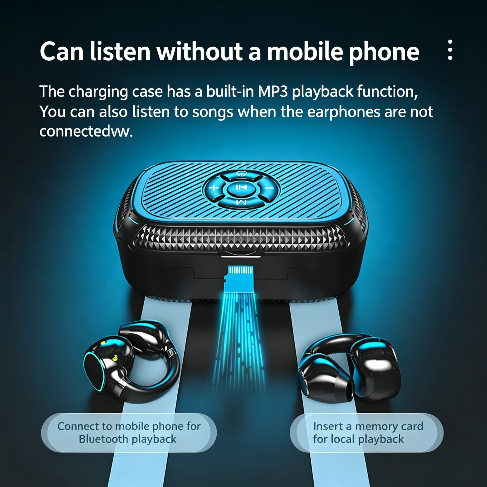Ear Clip Bluetooth Earphone Support Card Insertion Power Display RGB Light Effect Local Playback MP3 Mode Button Available