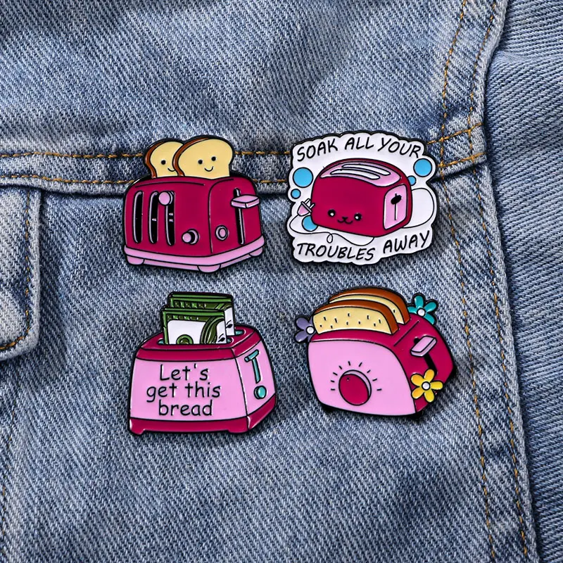 New Funny Pink Bread Maker Series Enamel Brooches Letter Soak All Your Troubles Away Toaster Design Pins For Women