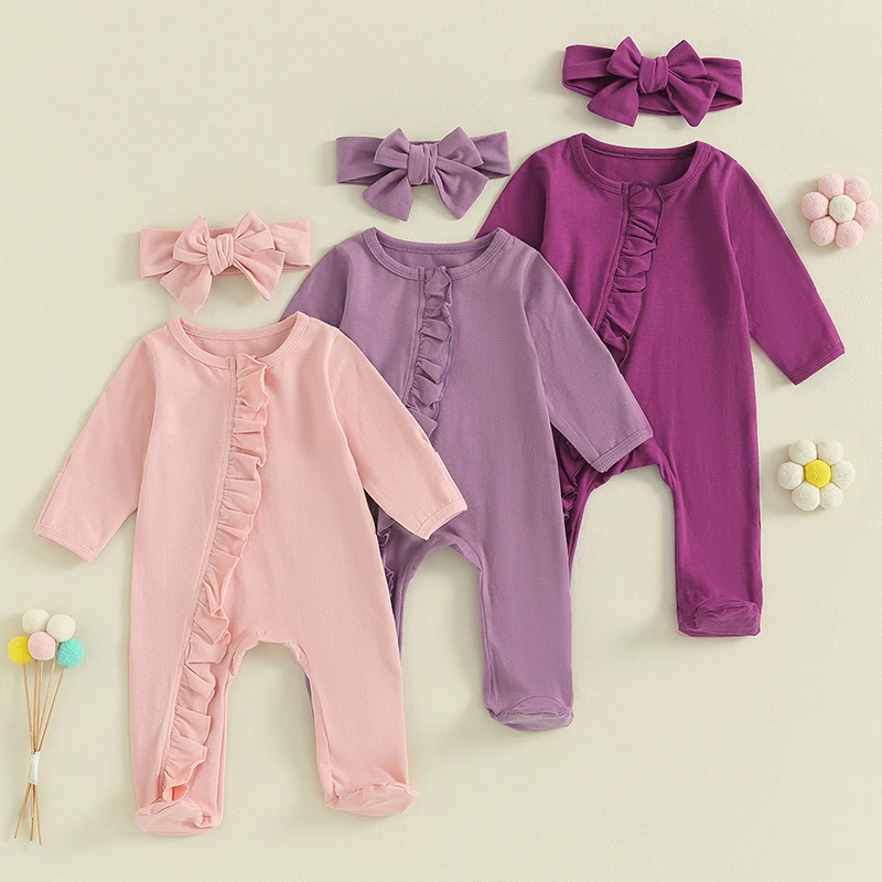 Newborn Baby Girls Footies Outfit Solid Color Long Sleeve Footed Zipper Romper and Headband Set for Infant Spring Fall Clothes