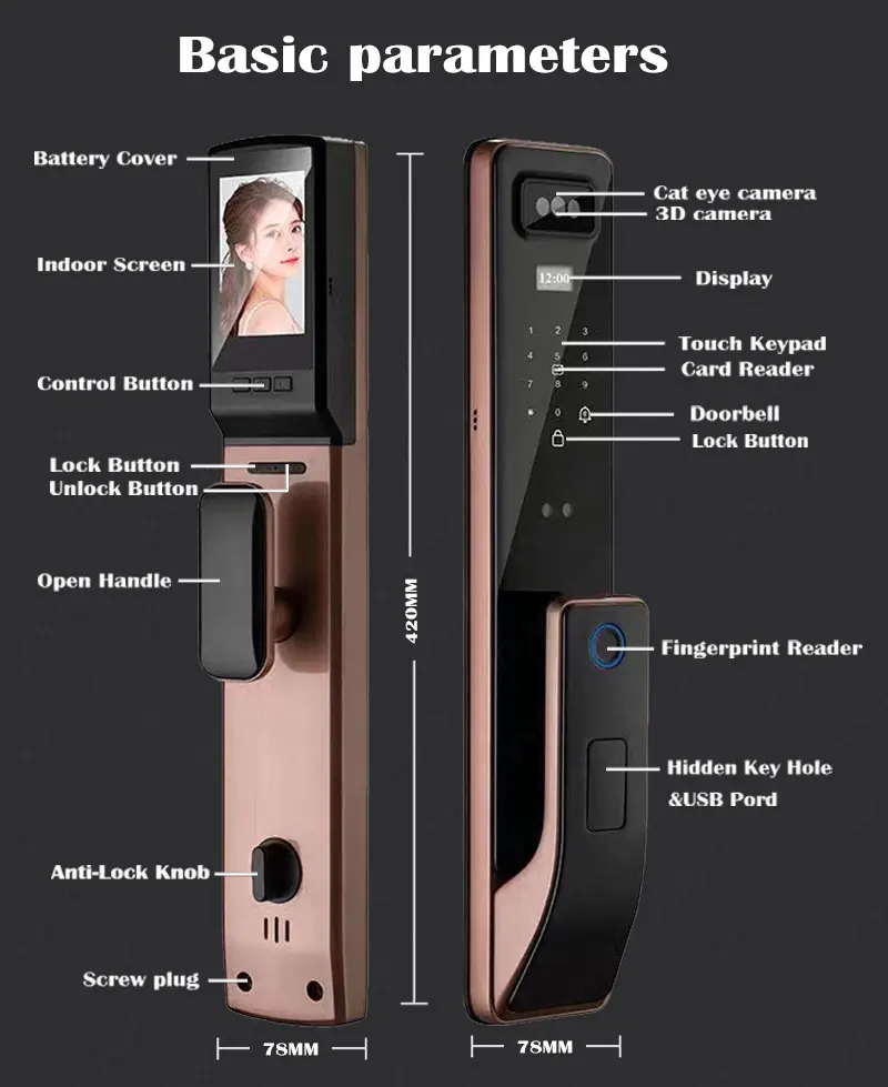 Imagem -02 - Face Recognition Smart Door Lock Monitor de Câmera de Segurança Senha de Impressão Digital Inteligente Desbloqueio de Chave Eletrônica Atacado 3d