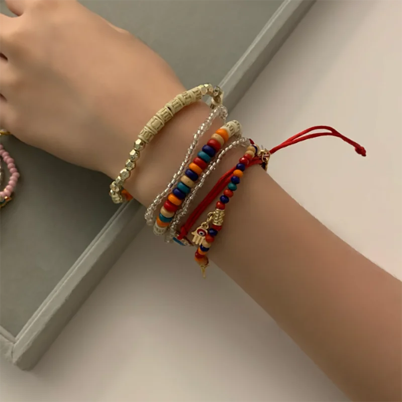 Ensemble de bracelets de perles élastiques multicouches pour femmes, bracelet fait main, bijoux vintage, bohème, mauvais œil, cadeau