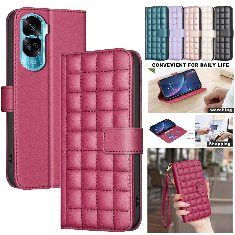 

3D Checkered Pattern Wallet Bag Leather Case For Huawei Honor 90 Smart Pro Honor90 Lite 5G 2024 Phone Cases Magnetic Flip Cover