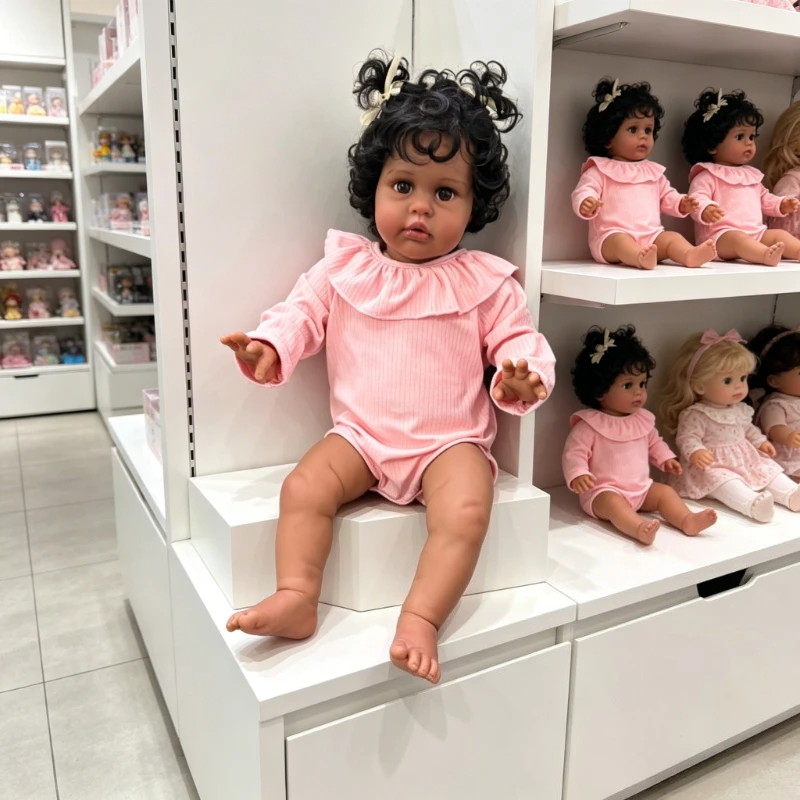 

58cm Ellie Cloth Body Baby Reborn Doll with Dark Skin Rooted Black Curly Hair Soft Touch Doll
