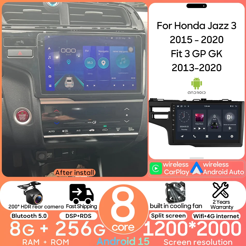 

Android 15 Автомобильный мультимедийный радиоплеер GPS-навигация Wi-Fi DSP CarPlay Auto для Honda Fit 3 GP GK 2013-2020 Jazz 3 2015-2020