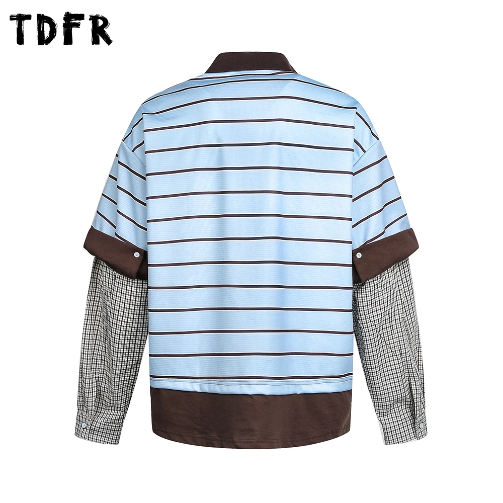 Contrast Paneled Striped Polo Shirts Mens Spring Retro Casual Cotton Loose Plaid Spliced Long Sleeve Tops Man