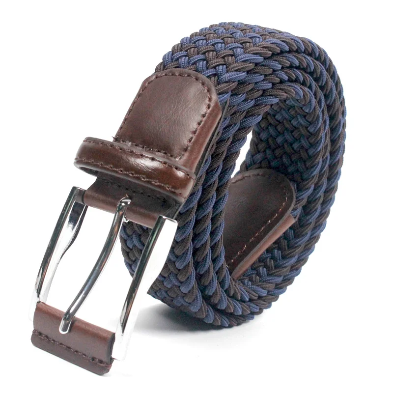 Premium Golf Belt for Men Stretch Braided Belt Casual Dress Pants Shorts Blue Brown Woven Strap with Leather Trim