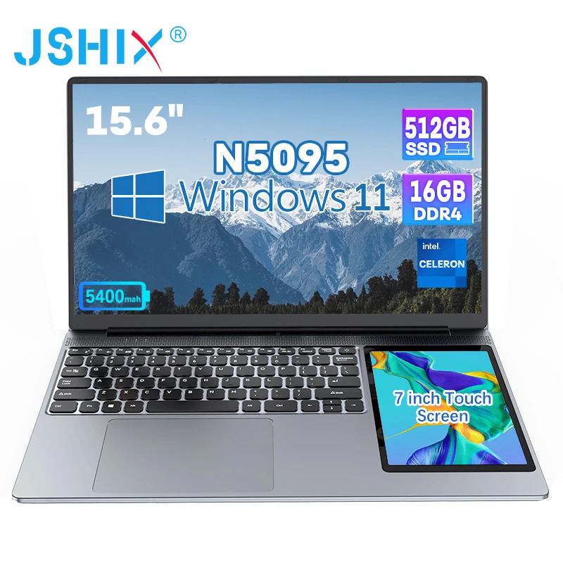 Dual Screen Laptop 15.6 inch+7 inch Touch Screen Intel 11th Gen N5095 16GB RAM 512GB SSD Windows 11 Game Office Portable Laptops