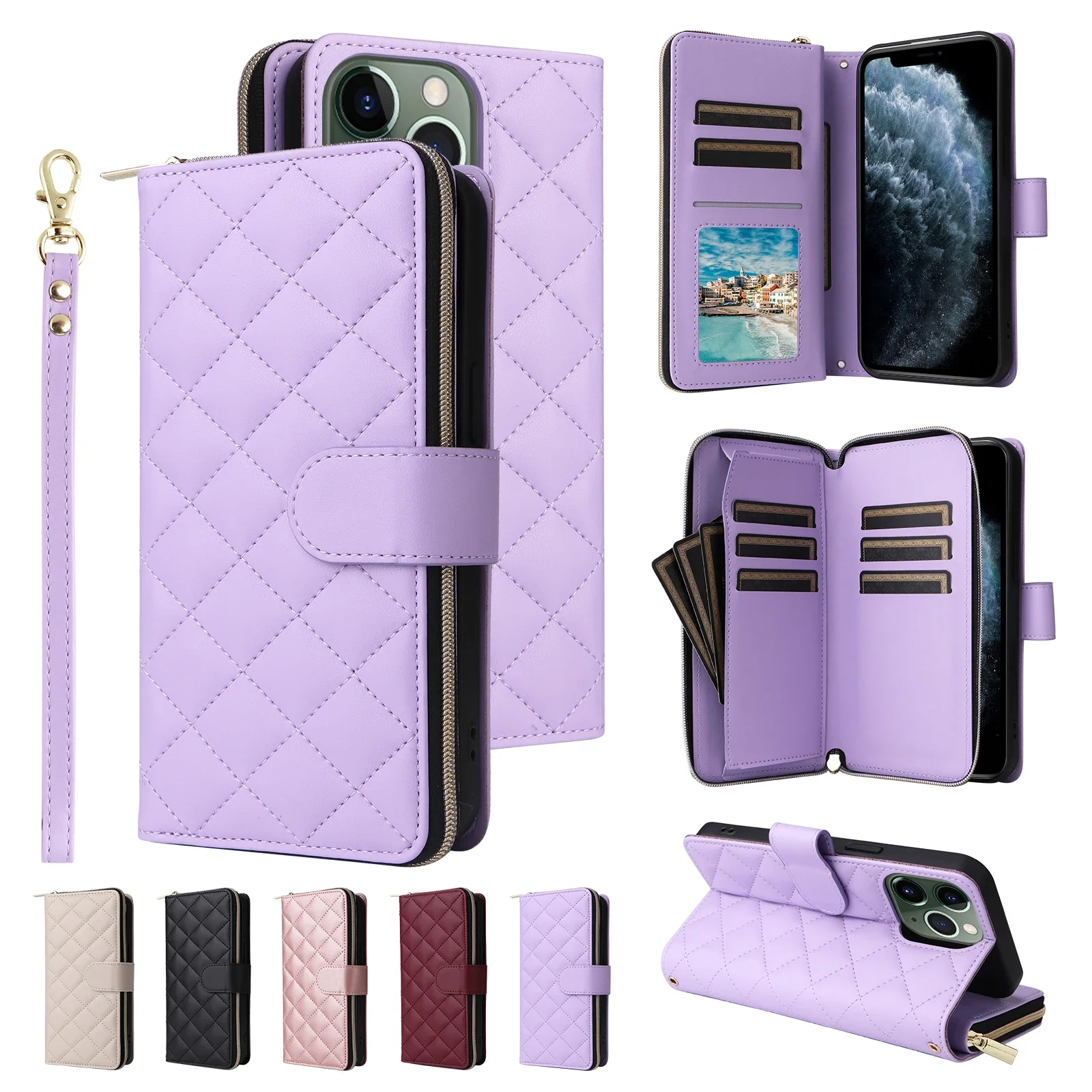 Funda de cuero con cremallera para teléfono móvil, carcasa anticaída con tapa para iPhone EX/XS/XR/11/12/13/14/15/16 Pro Plus MINI Pro Max, 9 unidades