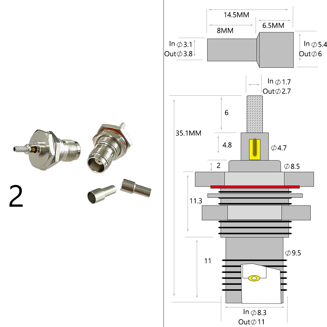 1-4PC TNC Male Female Plug Jack RF Coax Connector Crimp for RG316 RG174 RG58 RG142 Cable Copper Nickelplated With Drawing NEW