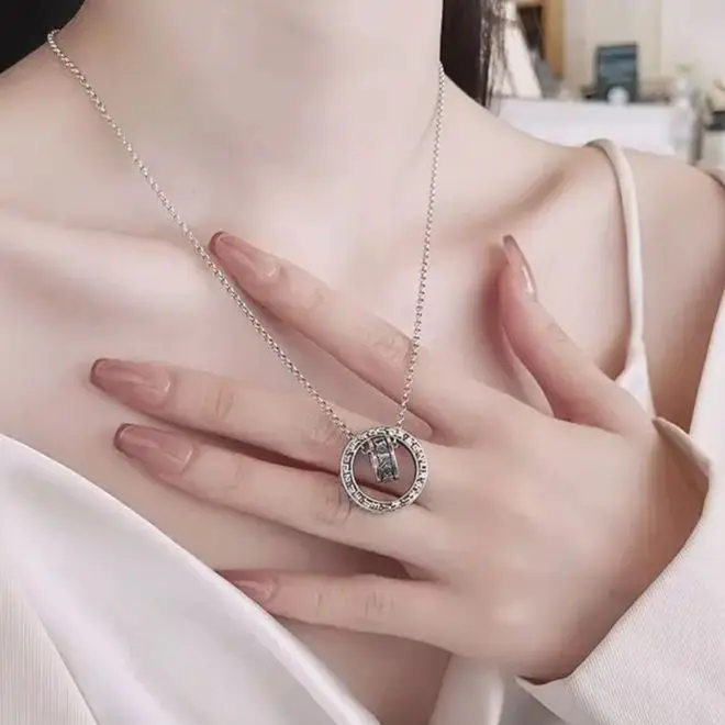 

S925 Sterling Silver Double Ring Pendant with Six-Word Mantra for Good Luck, Antique Finish, Retro Fashion, Pearl Chain Style