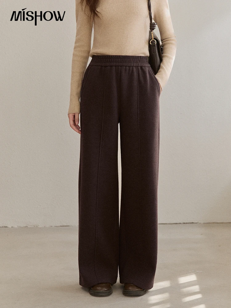 MISHOW ارتفاع الخصر بنطال ذو قصة أرجل واسعة للنساء 2025 الشتاء عادية فضفاض سميكة الصوف الدافئة متماسكة السراويل مستقيم بنطلون MXE92K1127