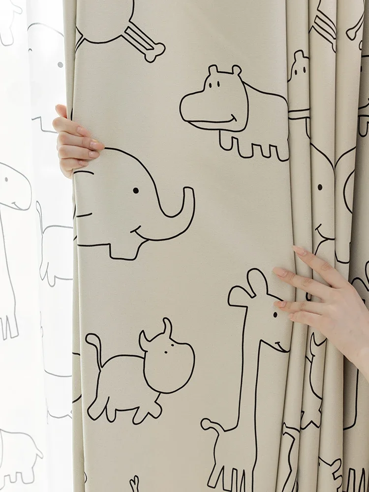 Cute Animal Children's Bedroom Curtains Cartoon Black White Minimalist Blackout Living Room Curtains Interesting Gauze Curtain