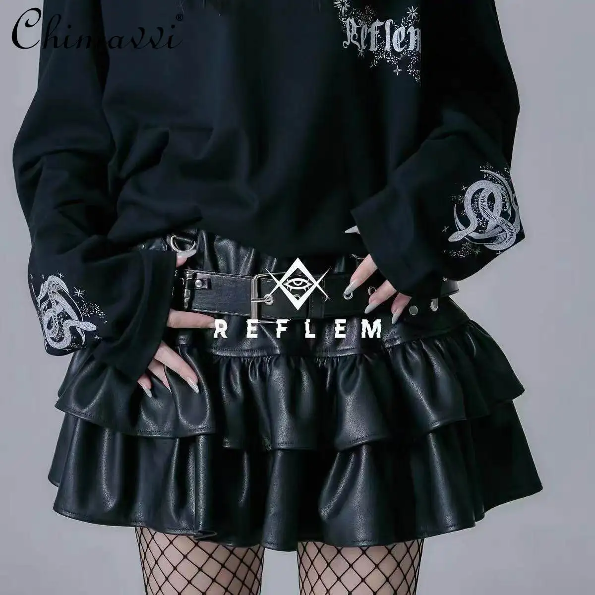 

Japanese Subculture Cake Layer Skirt Punk Dark Cool Girl Belt Leather Skirt Elegant Ladies Hot Girl Y2k Short Denim Skirts