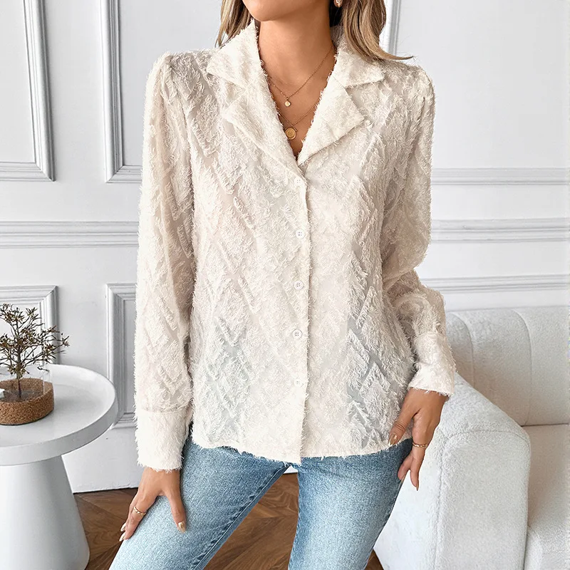

2026 Spring New Casual Single Breasted Cardigan Coat Solid Color Suit Collar Jacquard Shirt for Women