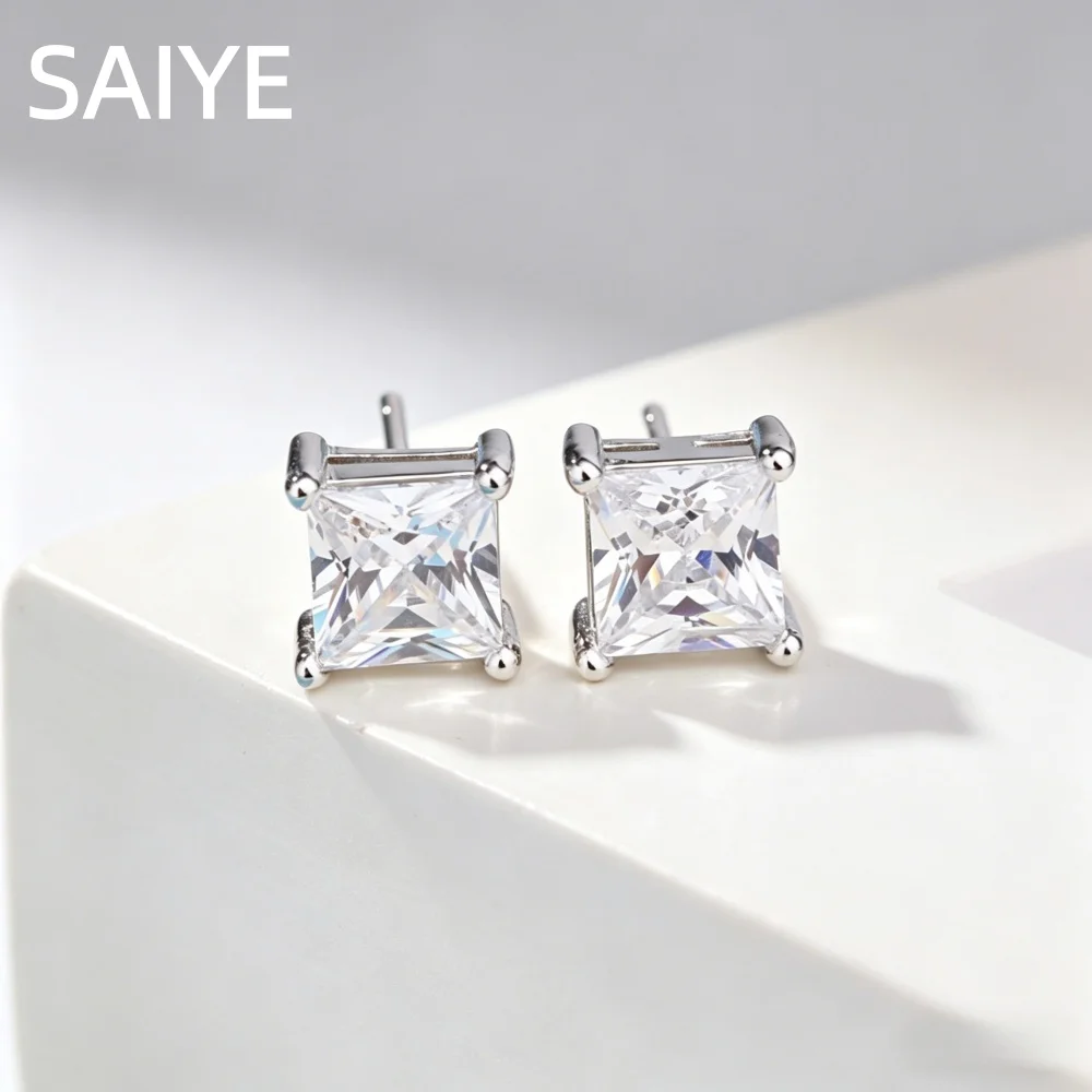 Princess Cut CZ Stud Earrings 925 Sterling Silver Square Zircon Earring for Women Classic Four Prong Earrings Wedding Jewelry