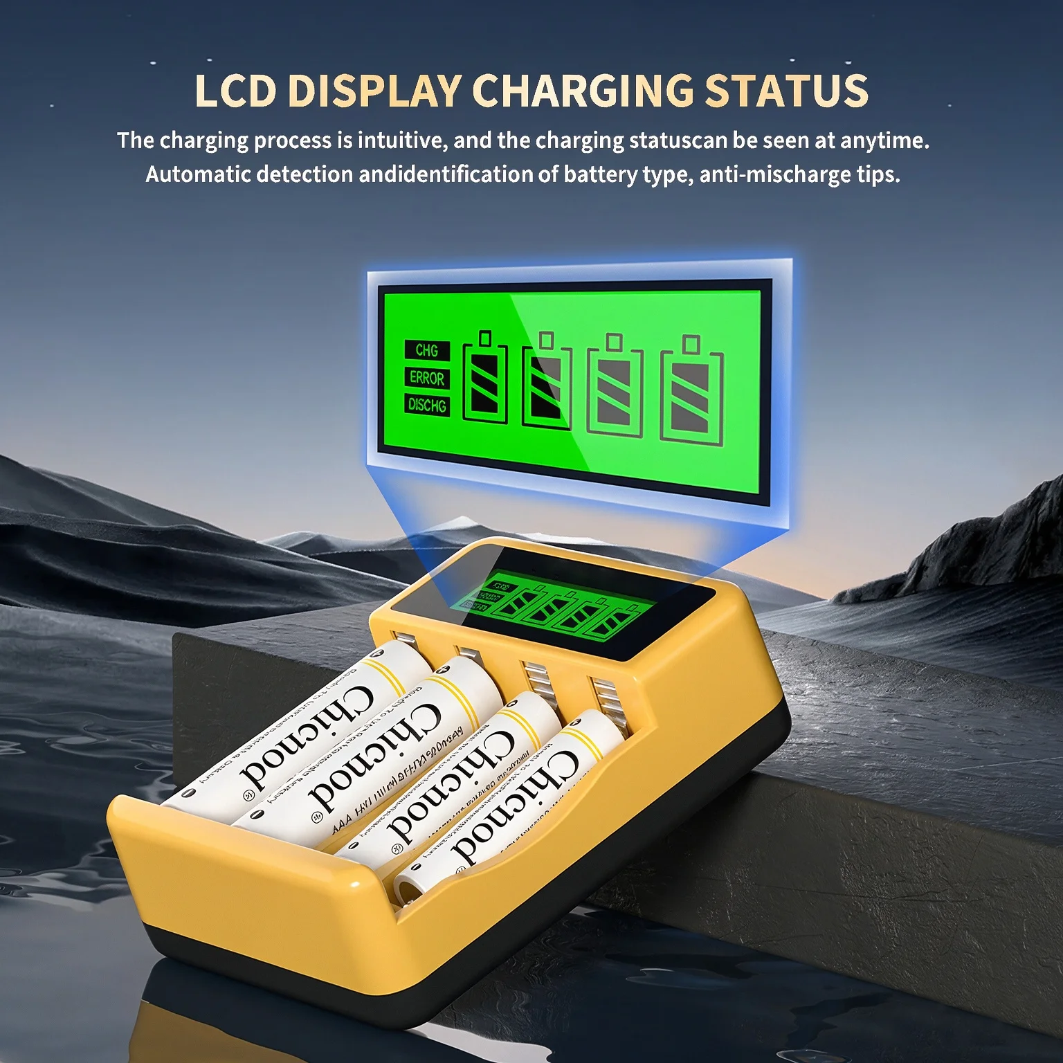 Ładowarka do akumulatorów Chicnod LCD012 AA AAA Ni-MH Ni-Cd, 4-gniazdowa ładowarka z wyświetlaczem LCD, inteligentna ładowarka USB Type-C — zdjęcie produktu 5
