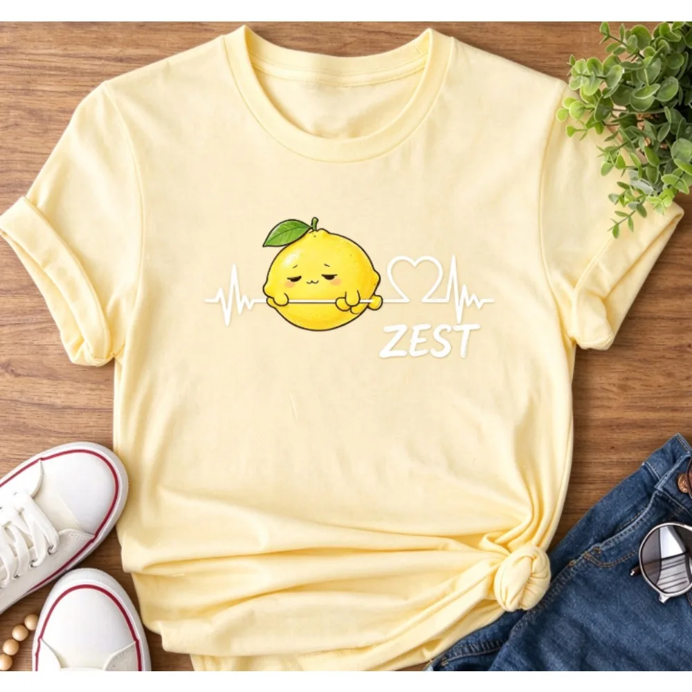 Fruit Heartbeat ECG Graphic T-shirt Women Casual Short Sleeve Tee Cute Cartoon Fruit On Heart Line Print Summer Tops