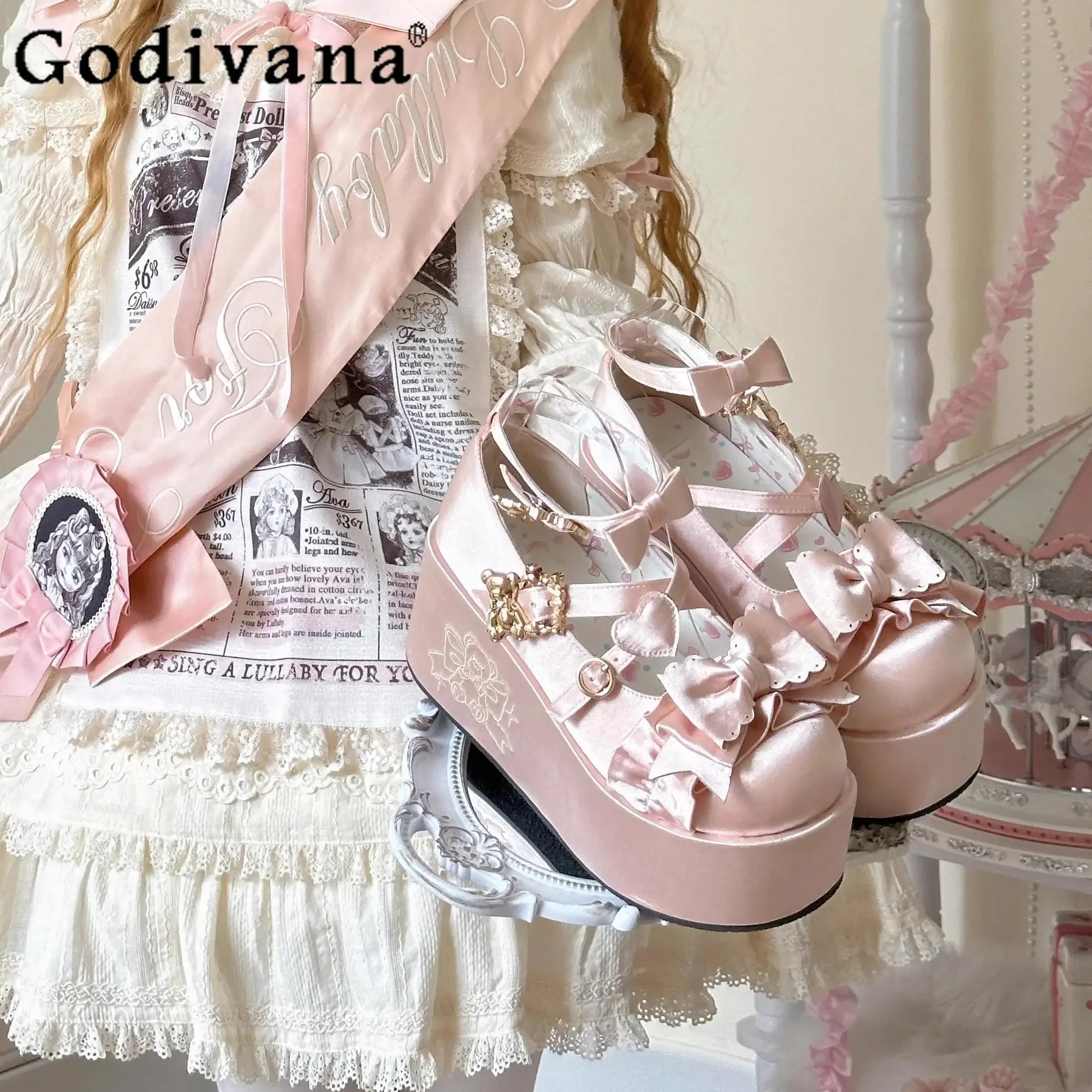 

Original Lolita Pink High Heels Women's Sweet Elegant Bow Satin Mary Jane Shoes Ladies Birthday Party Cos Platform Shoes Spring