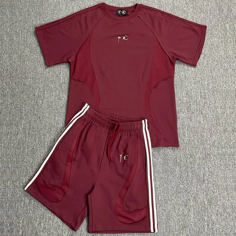 

New Thug Club T-shirt Metal Logo Patchwork Mesh Fabric Design Casual Short-sleeve THUG CLUB T-shirts High-quality Sets