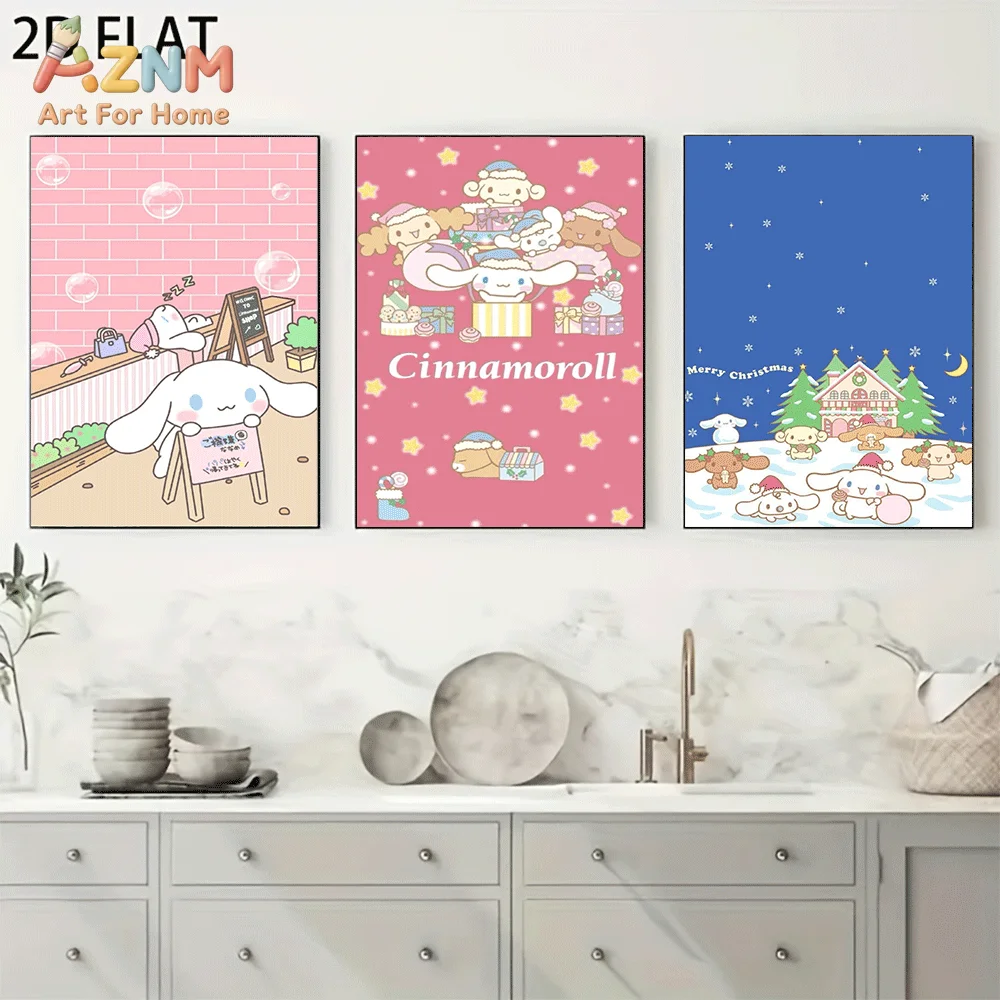 AZNM Cinnamoroll Canvas Wall Art Unframed Cute Cartoon Print Poster Merry Christmas Santa Hat Gift Snow Scene Design for Girls B
