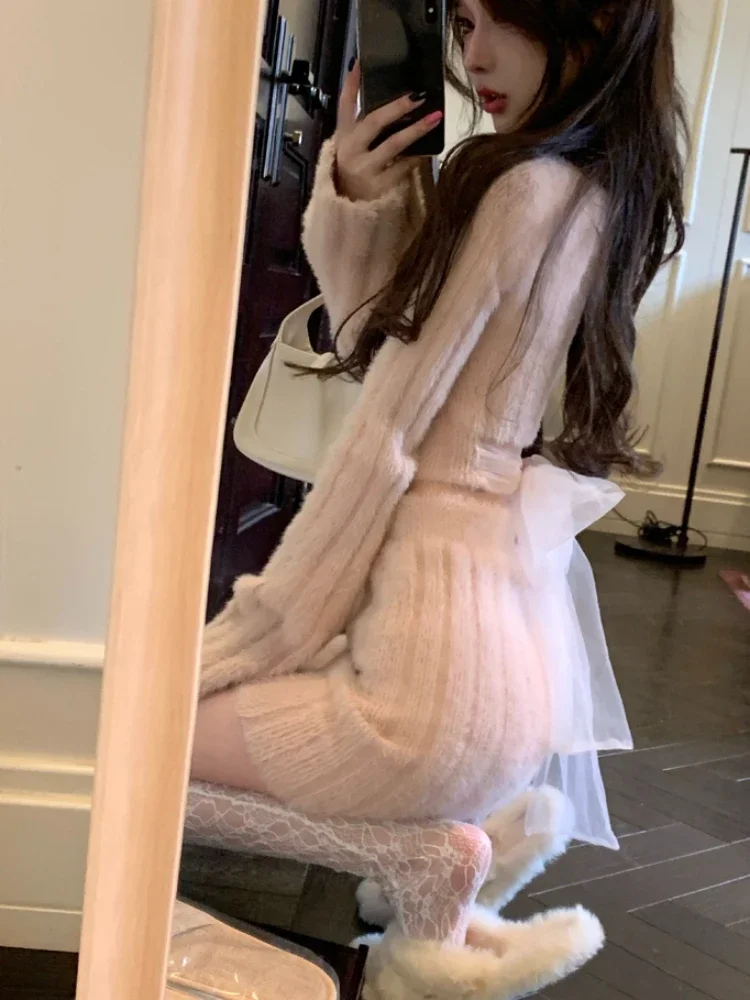 2023 осенний свитер, вязаные костюмы, женское элегантное платье из 2 предметов, корейское модное вечернее мини-платье Y2K, офисные женские короткие юбки